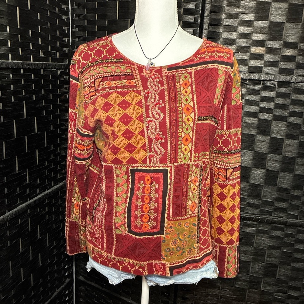 Chico's Red and Orange Patchwork Long Sleeve Top